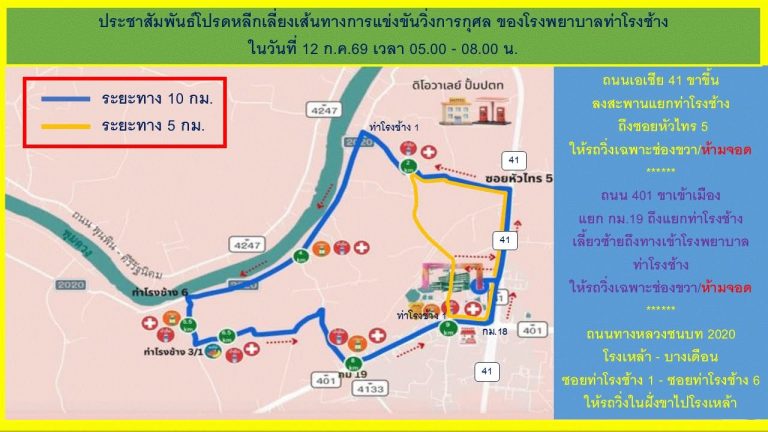 โปรดหลีกเลี่ยงเส้นทางการแข่งขันวิ่งการกุศล ของโรงพยาบาลท่าโรงช้าง